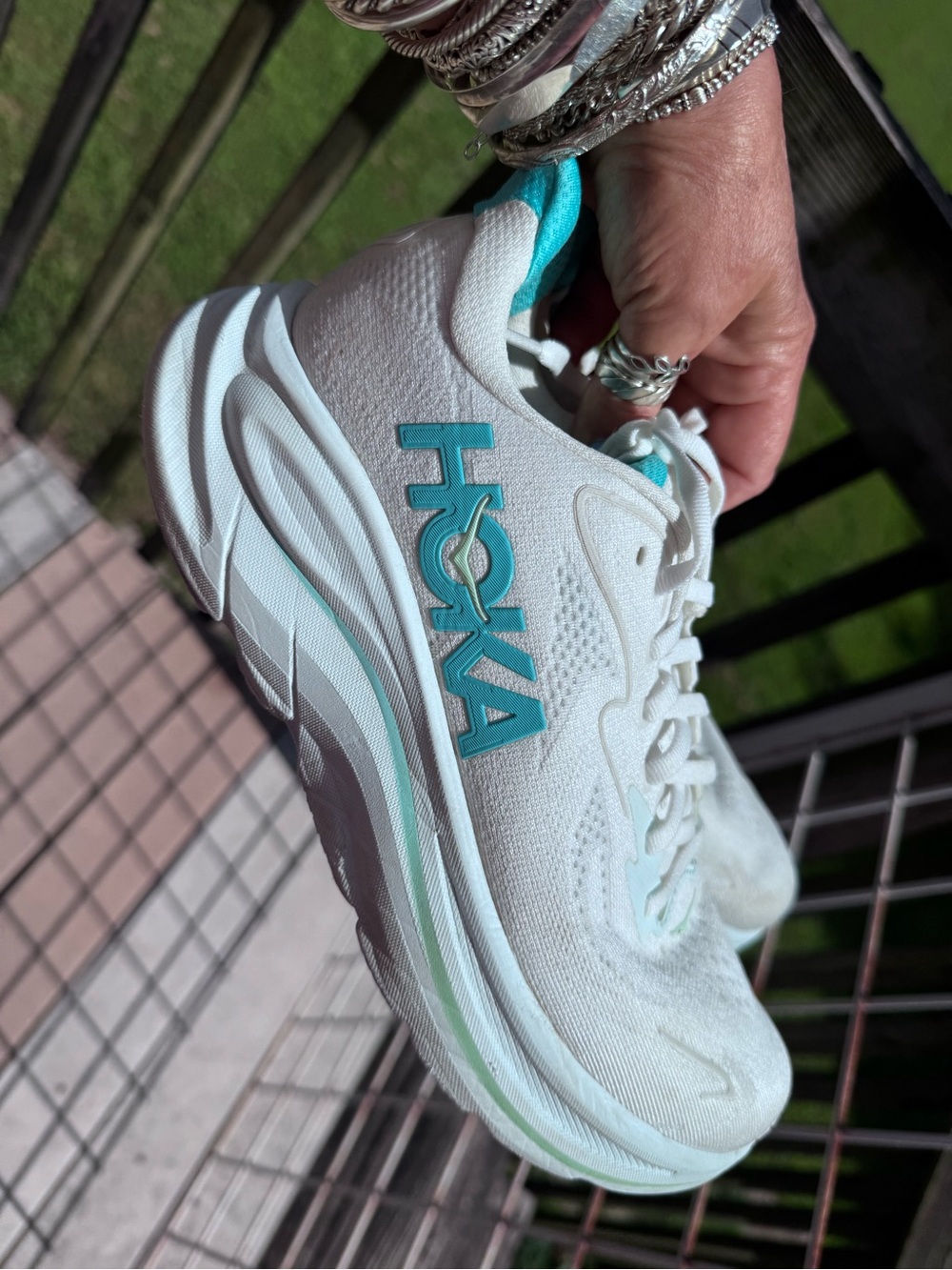 Hoka Women's White Running Sneakers with Teal Interior - Picture 2 of 7
